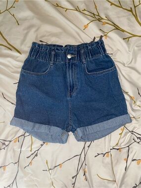 H&M Dark Blue Paperbag Waist Rolled Denim Shorts